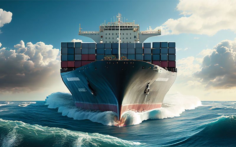 Cargo Ship, front view, sailing in the sea with cloudy sky.