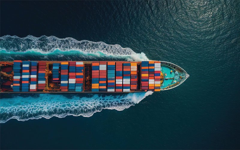 Top view of cargo ship sailing in dark blue sea.